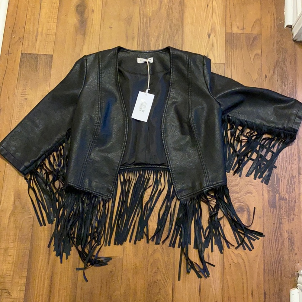Black Faux Leather Fringe Jacket